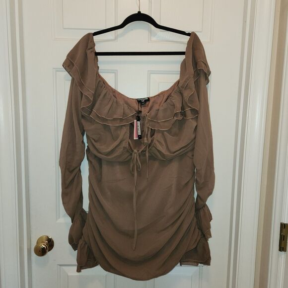 NWT Plus Mocha Brown Bardot Ruffle Detail Shift Dress Size US 16 - Picture 1 of 5
